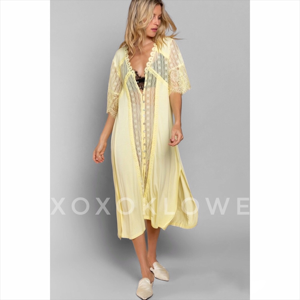POL Soft Yellow Rayon & Lace Button Front Midi Duster Half Sleeves